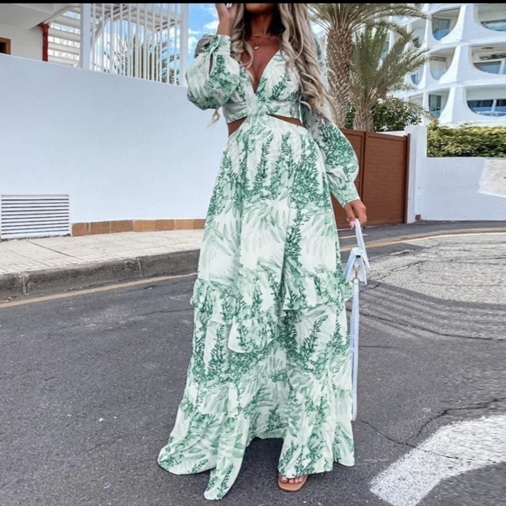 Green and White Tropical Print Side Slit Maxi Dress